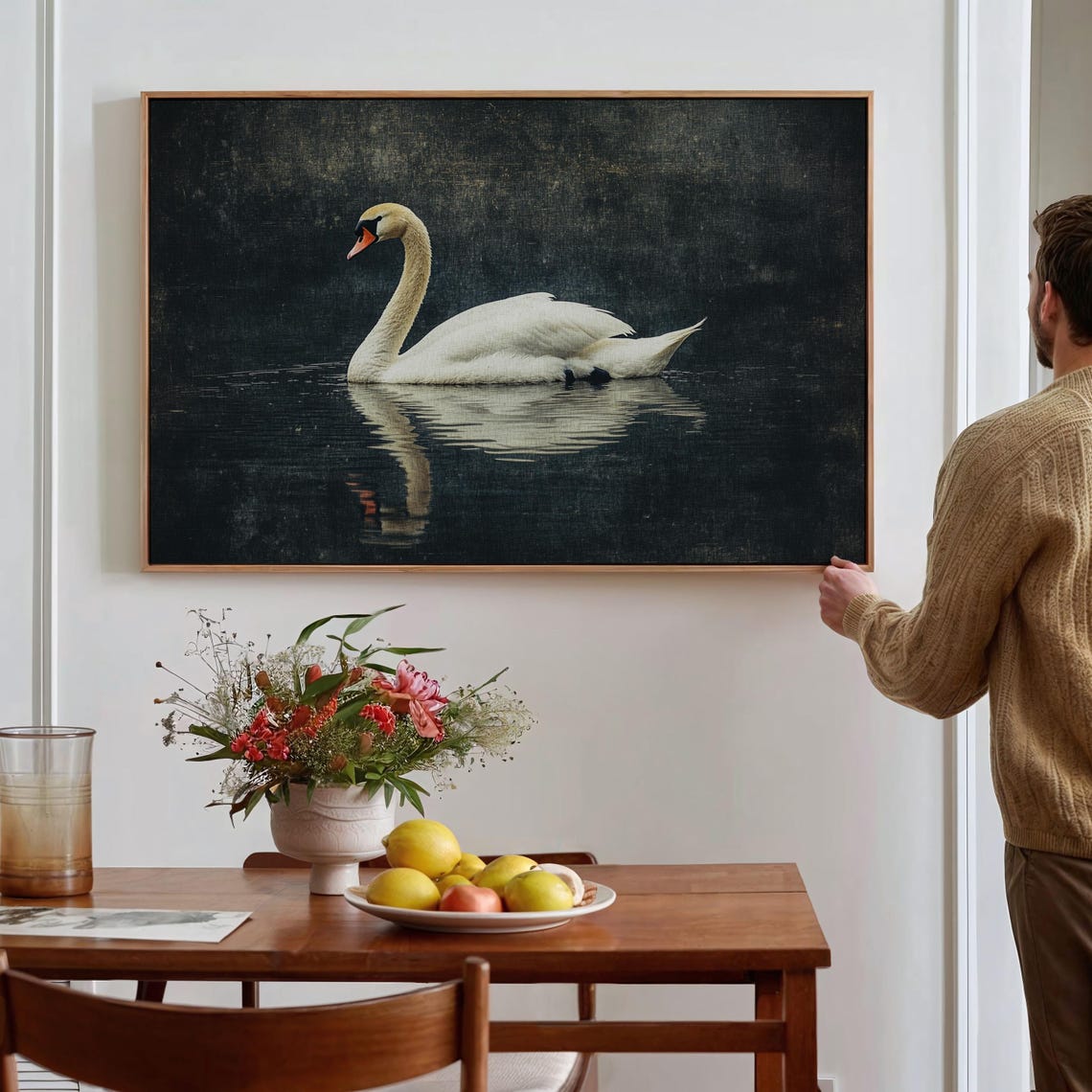 White Swan Gliding Across Dark Moody Lake Vintage Wildlife Poster - Image 2