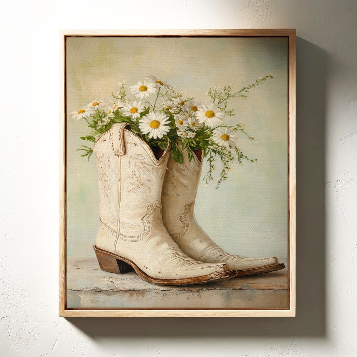 Pair Of Vintage White Cowboy Boots Filled With Daisies Painting Poster - Image 4