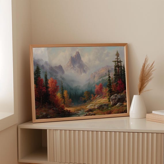 Majestic Mountain Landscape Canvas Wall Art Autumn Forest And Misty Peaks Nature Wilderness Painting With Vibrant Fall Colors