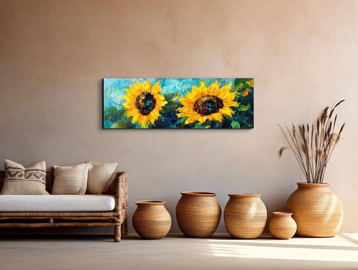 Sunflower Pair Teal Background Palette Knife Panoramic Art Poster - Image 4