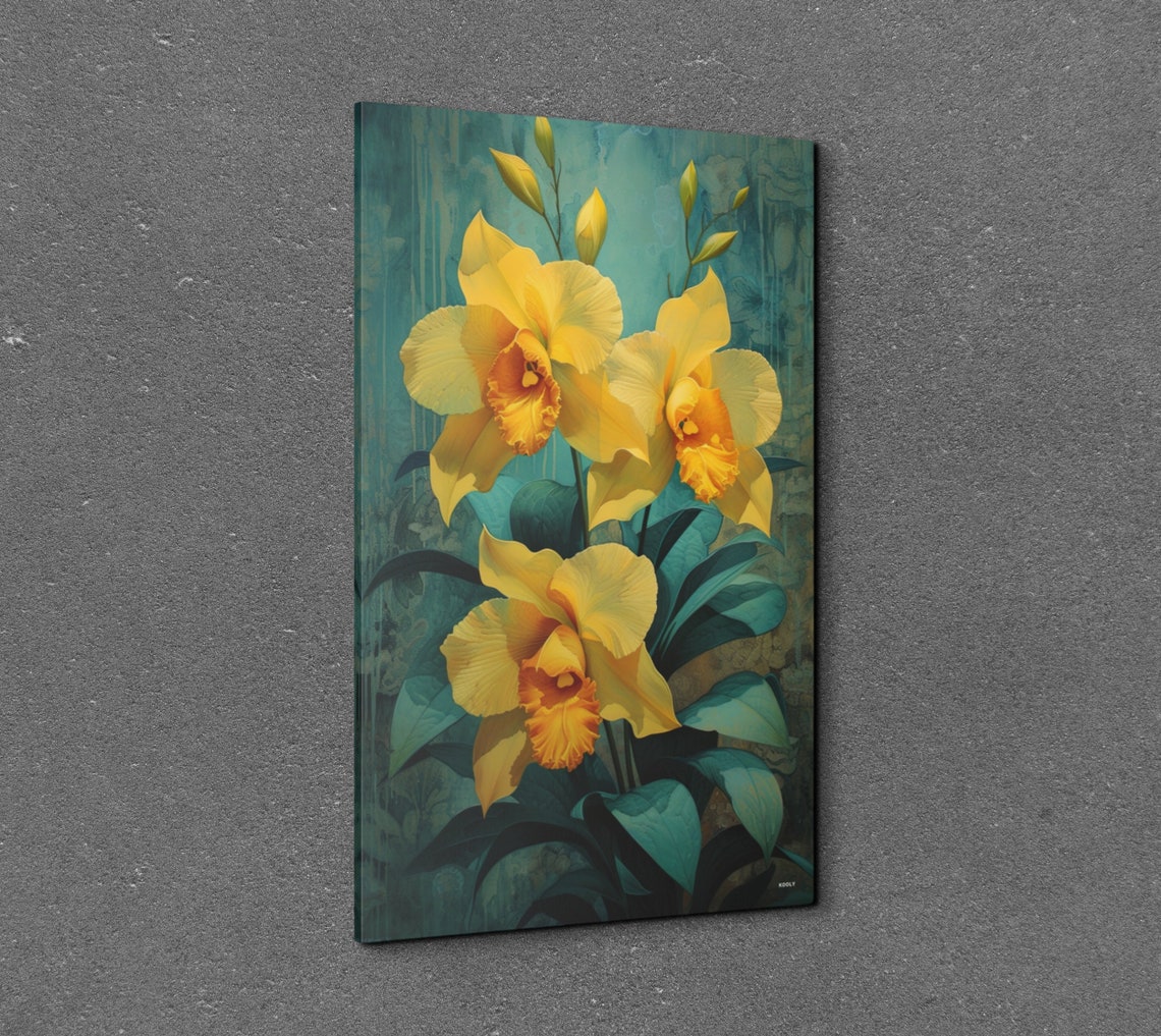 Yellow Orchid Blooms On Teal Background Exotic Floral Art Poster - Image 7