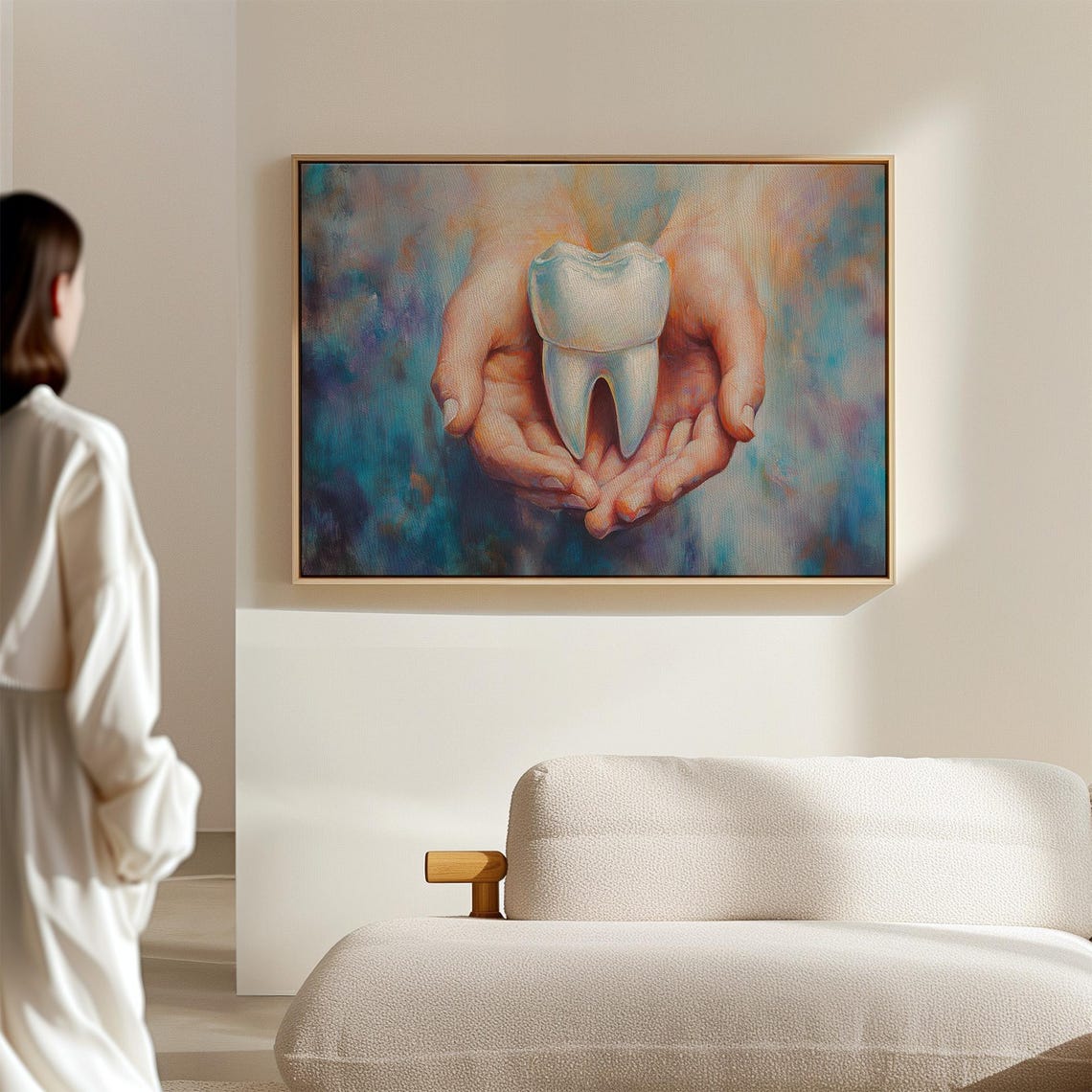 Hands Holding Healthy Tooth Dental Care Art Blue Background Poster - Image 4
