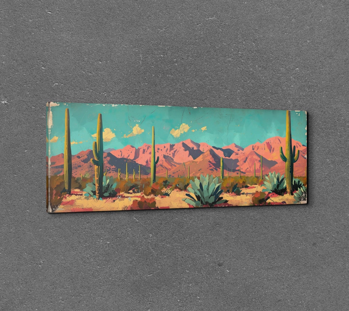 Panoramic Arizona Desert Saguaro Cactus Sunset Mountain Wall Art - Image 3