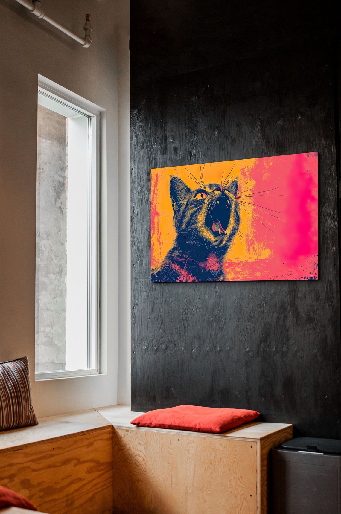Yawning Black Cat Pop Art Neon Yellow Pink Portrait Photo Poster - Image 3