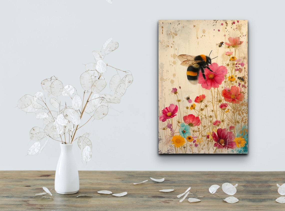 Bumble Bee Pink Wildflowers Watercolor Summer Meadow Garden Poster - Image 4