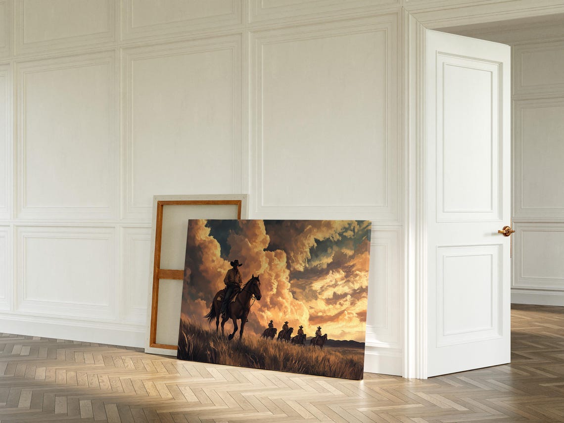 Cowboys Riding At Sunset Art Western Landscape Wall Decor Rustic Cowboy Poster Vintage Western Art - Image 3