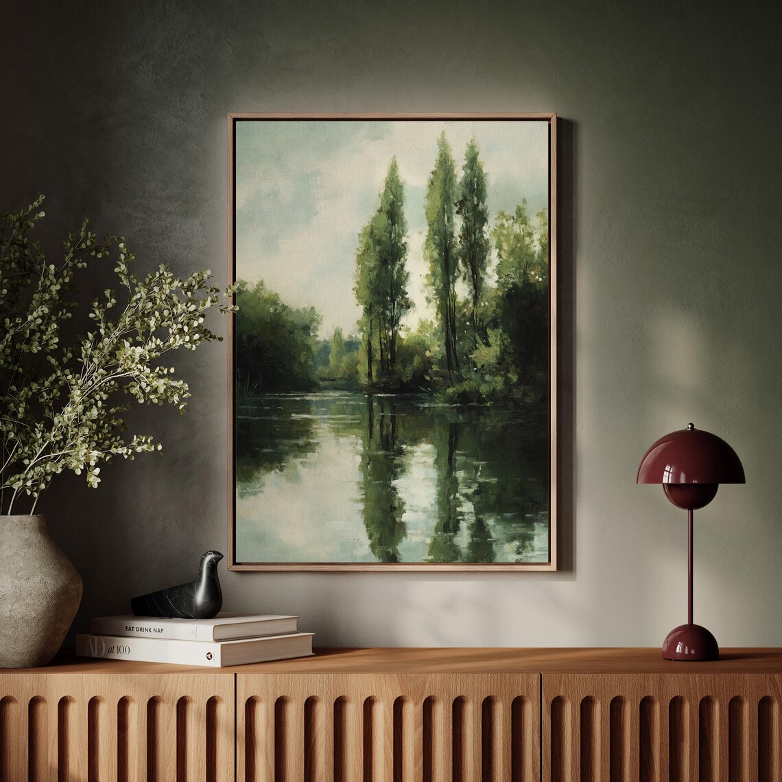 Vintage Oil Painting Of Tall Poplars Reflected On Calm River Poster