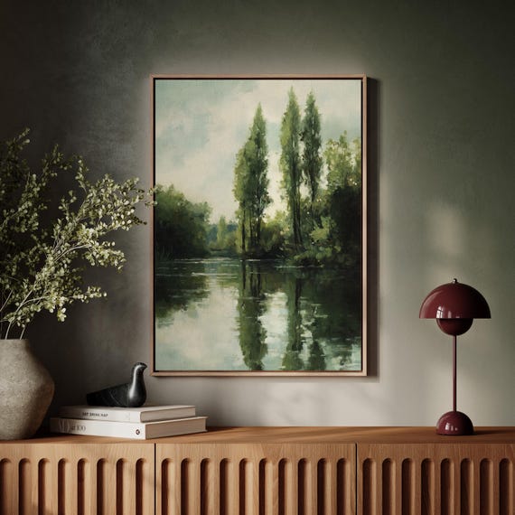 Vintage Oil Painting Of Riverside Trees Reflected On Water Peaceful Landscape Canvas Art For Natureinspired Home Decor