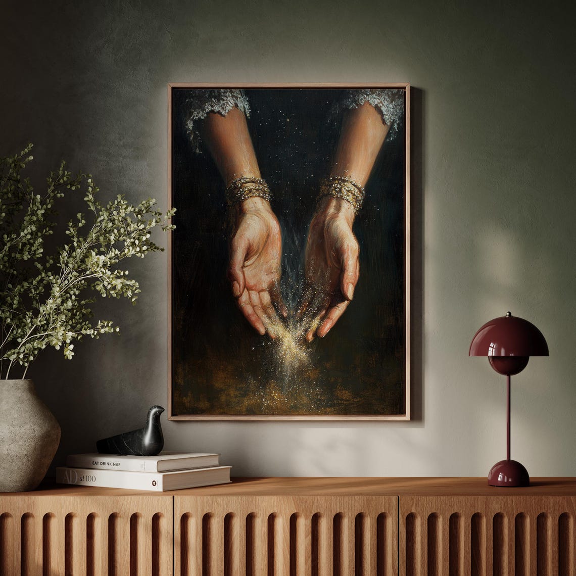 Cupped Hands Releasing Golden Stardust Dark Magical Sparkle Wall Art - Image 5