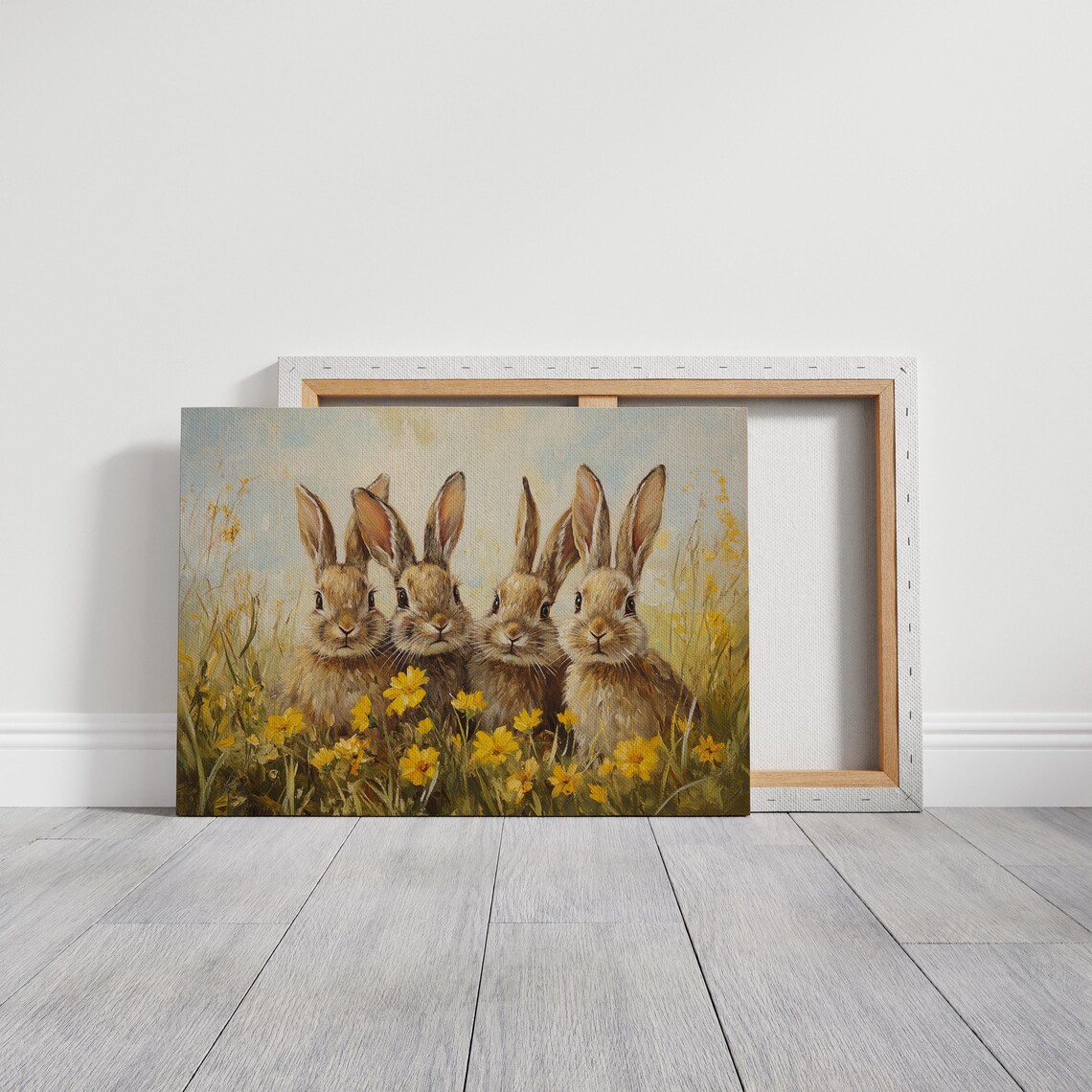 Rabbit Quartet in Wildflowers, Rustic Spring Art Print - Image 3