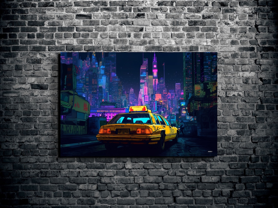 Yellow Taxi Neon City Night Street Cyberpunk Urban Art Poster