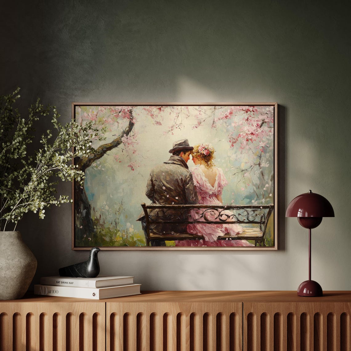 Vintage Couple On Bench Under Cherry Blossom Tree Romance Wall Art - Image 5