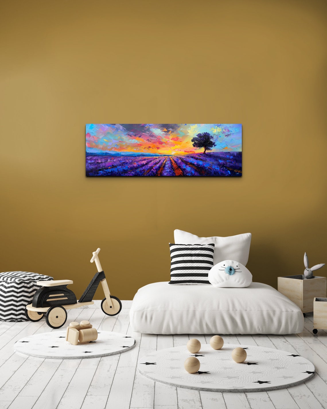 Sunset Over Lavender Field Silhouette Tree Impressionist Art Poster - Image 6