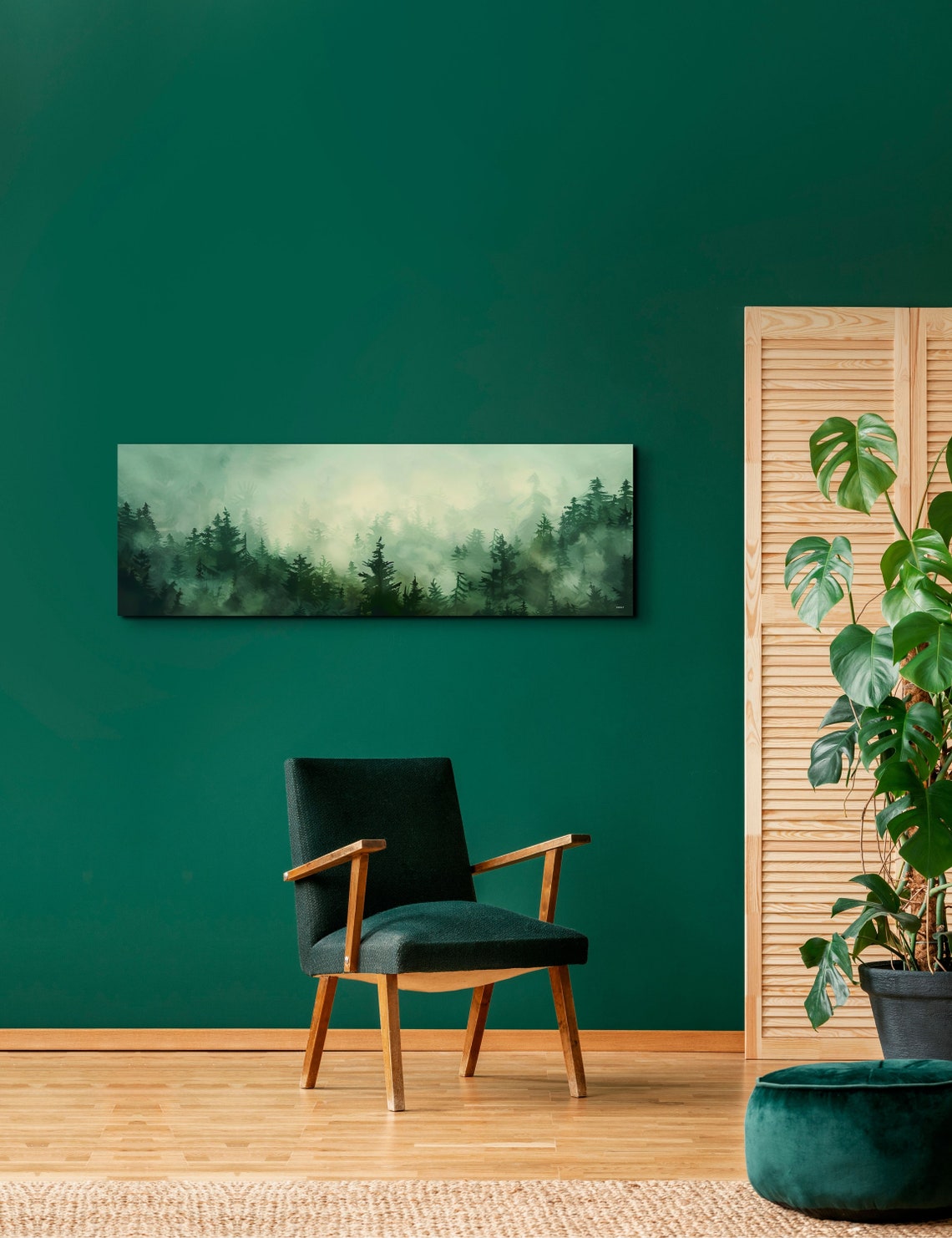 Misty Pine Forest Foggy Mountain Watercolor Panoramic Poster - Image 5