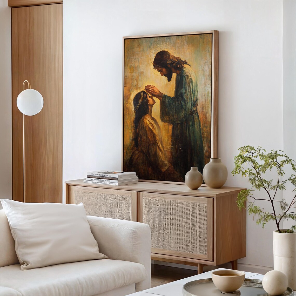 Jesus Blessing a Kneeling Woman in Warm Golden Oil Painting Style Poster - Image 5