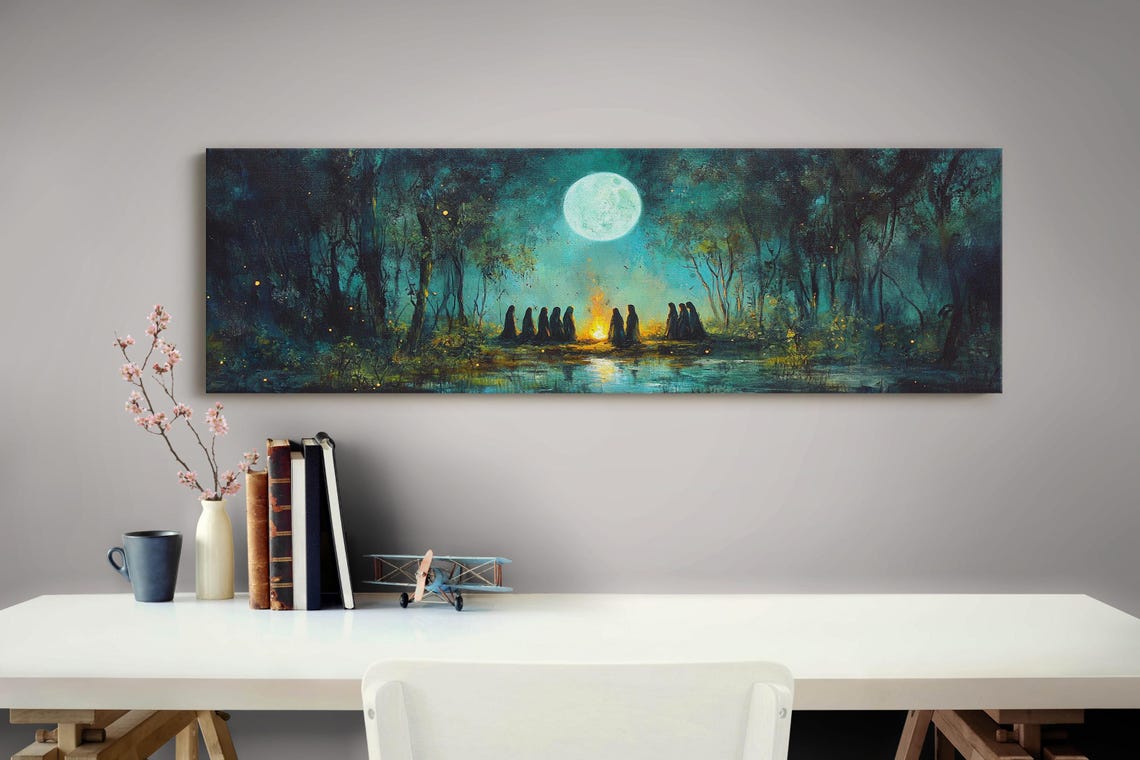 Moonlit Forest Ritual Bonfire Hooded Figures Mystical Night Poster - Image 3