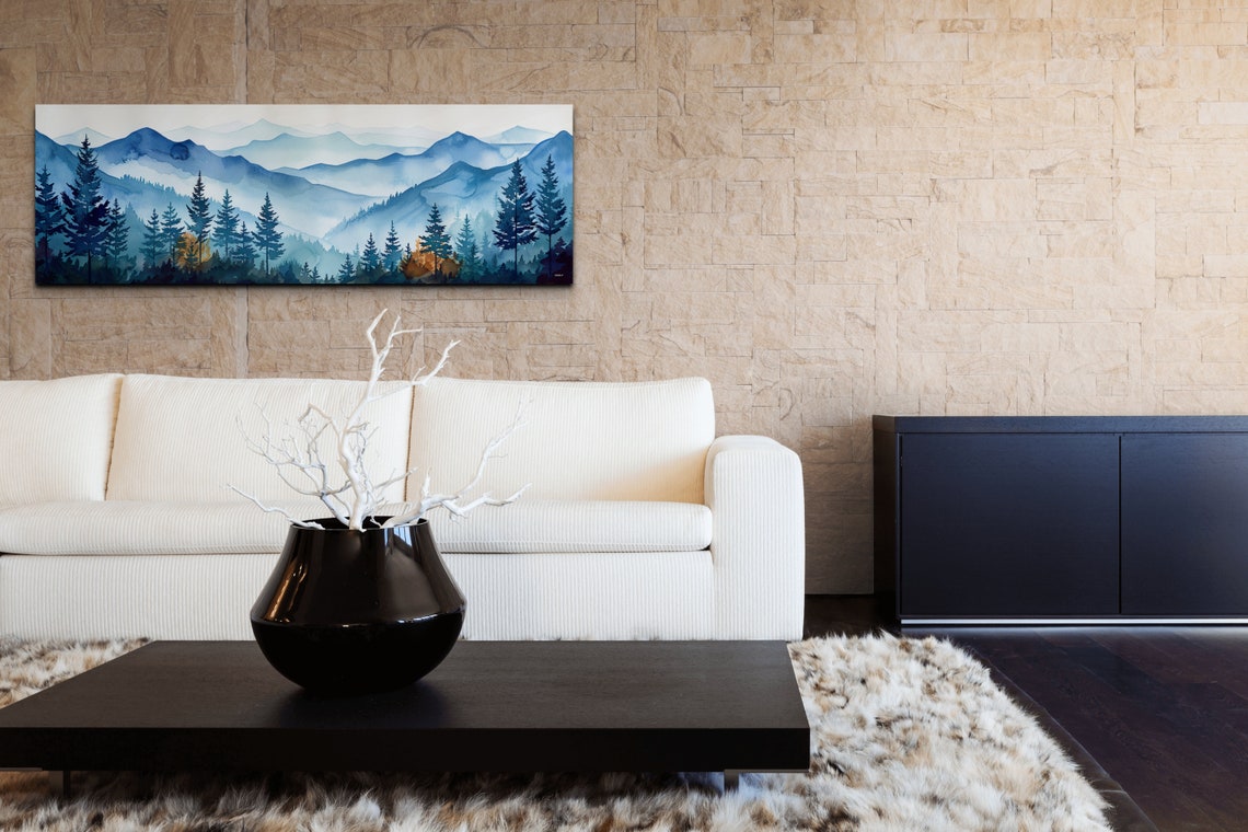 Foggy Blue Pine Forest Mountain Layers Watercolor Panorama Poster - Image 6