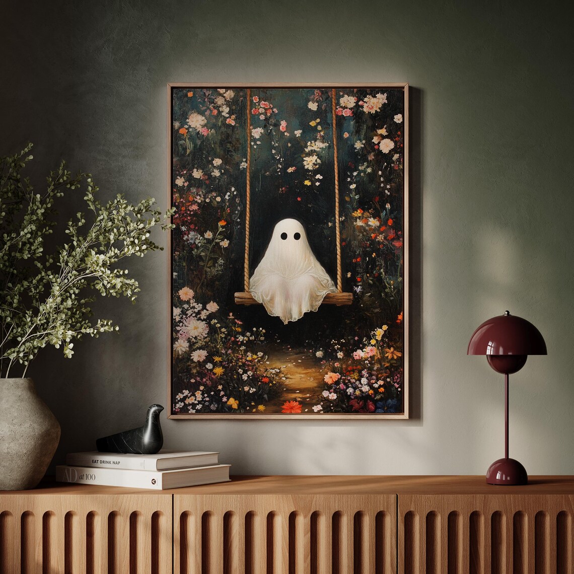Cute Ghost On Wooden Swing In Blooming Night Garden Whimsical Halloween Poster - Image 4