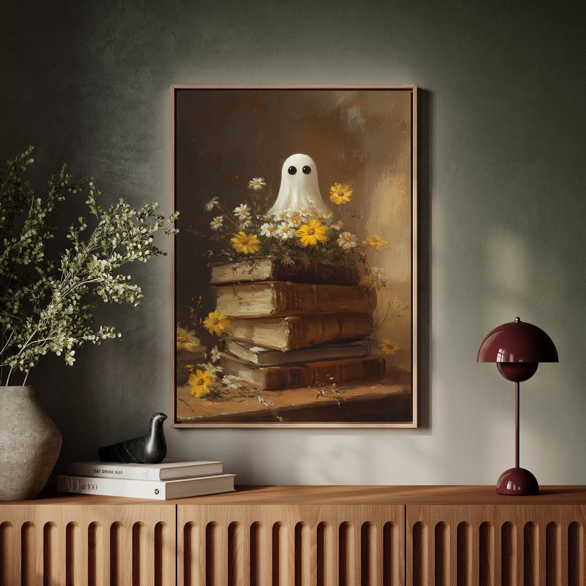 Whimsical Ghost On Vintage Books With Daisies Cozy Fall Art Poster - Image 3