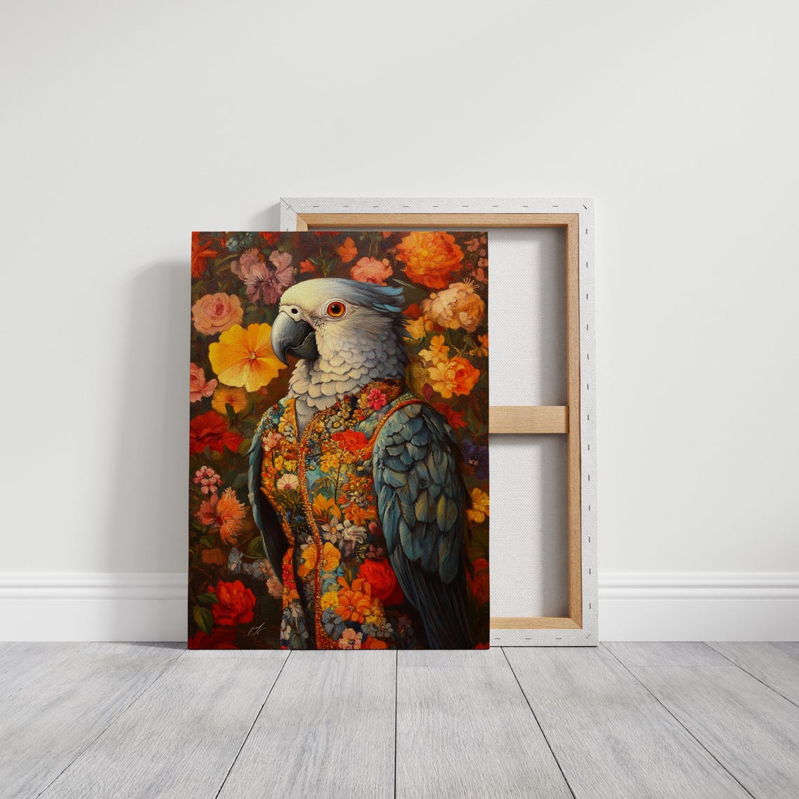 African Grey Parrot in Floral Brocade Jacket Portrait Poster - Image 3