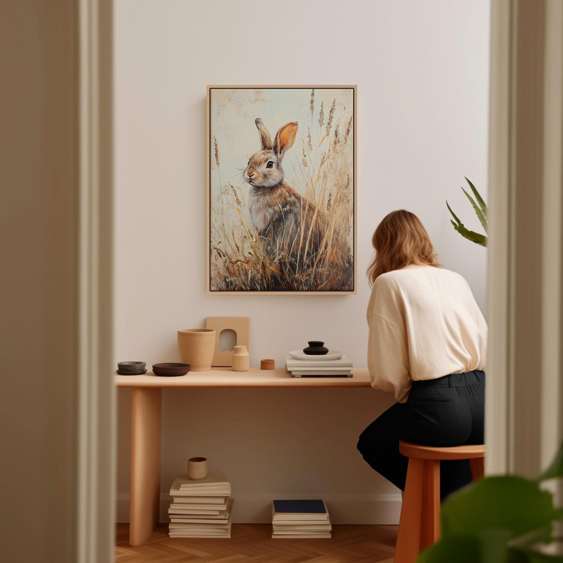 Brown Rabbit in Golden Wheat Grass Rustic Wildlife Portrait Wall Art - Image 5
