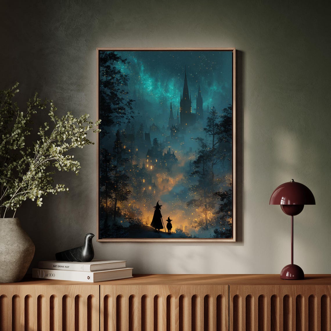 Witch Journey Enchanted Castle Starry Night Fantasy Art Poster