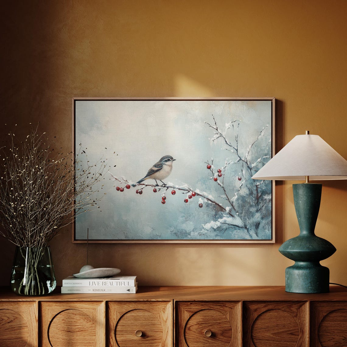 Winter Bird On Snowy Berry Branch With Red Berries Nature Poster - Image 4
