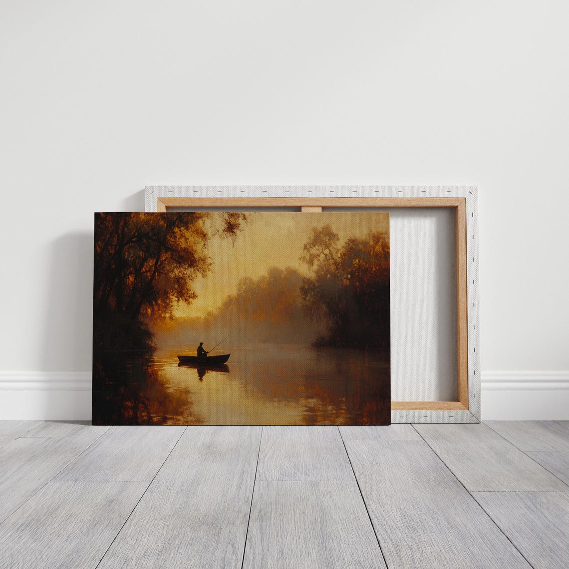Lone Fisherman in a Boat on a Golden River at Sunset Tranquil Poster - Image 3