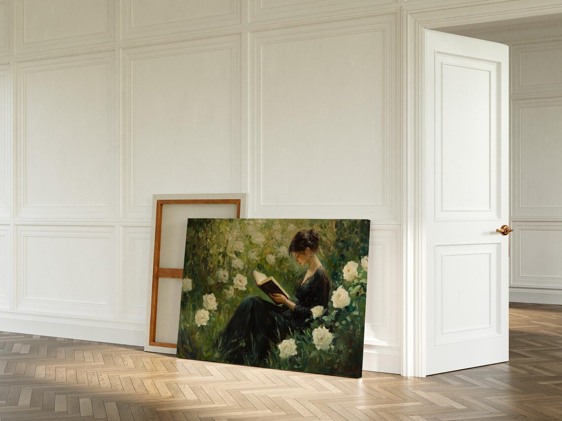 Elegant Woman Reading Among White Roses Vintage Art Print - Image 5