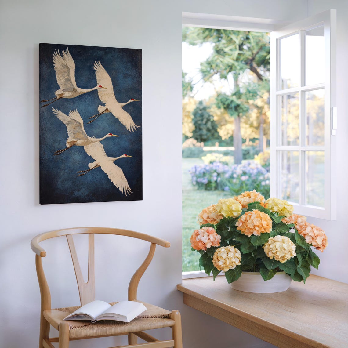 Four Flying White Cranes On Deep Navy Vintage Bird Art Poster - Image 5