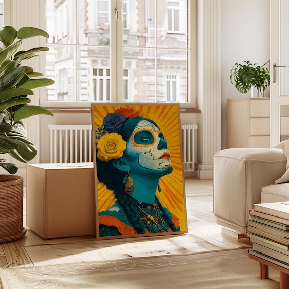 Radiant Catrina Sugar Skull Portrait with Yellow Roses Sunburst Poster