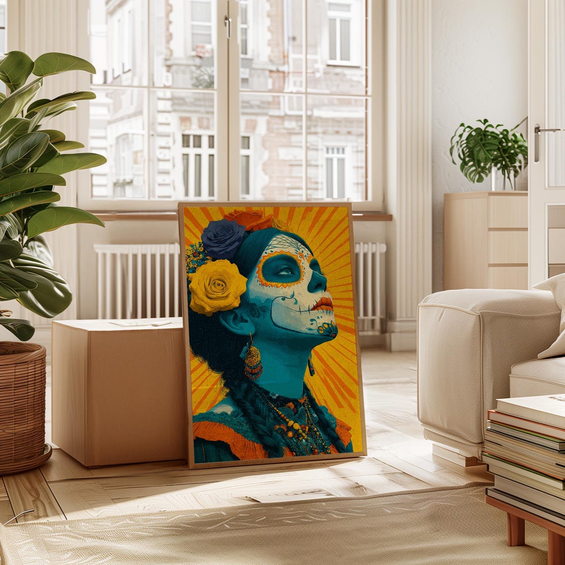 Radiant Catrina Sugar Skull Portrait with Yellow Roses Sunburst Poster