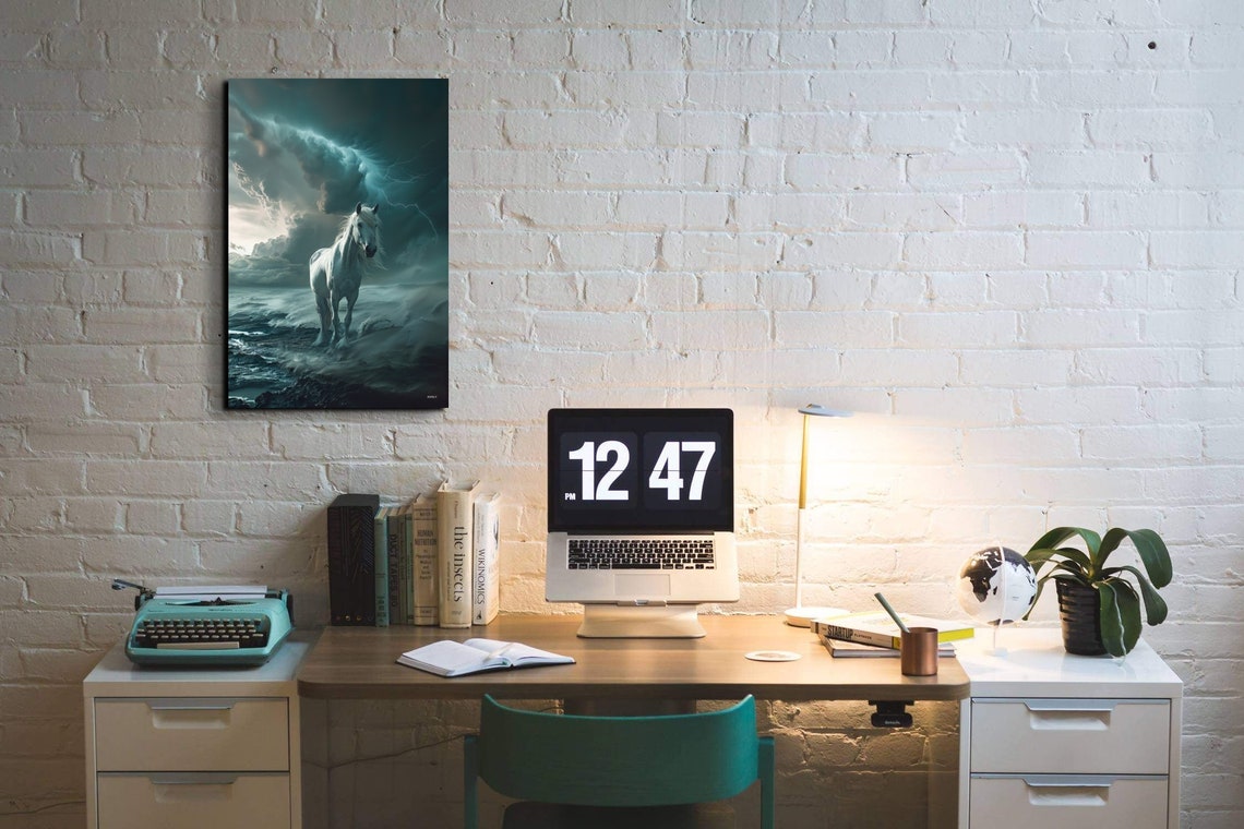 White Horse in Stormy Ocean Dramatic Lightning Seascape Poster - Image 7