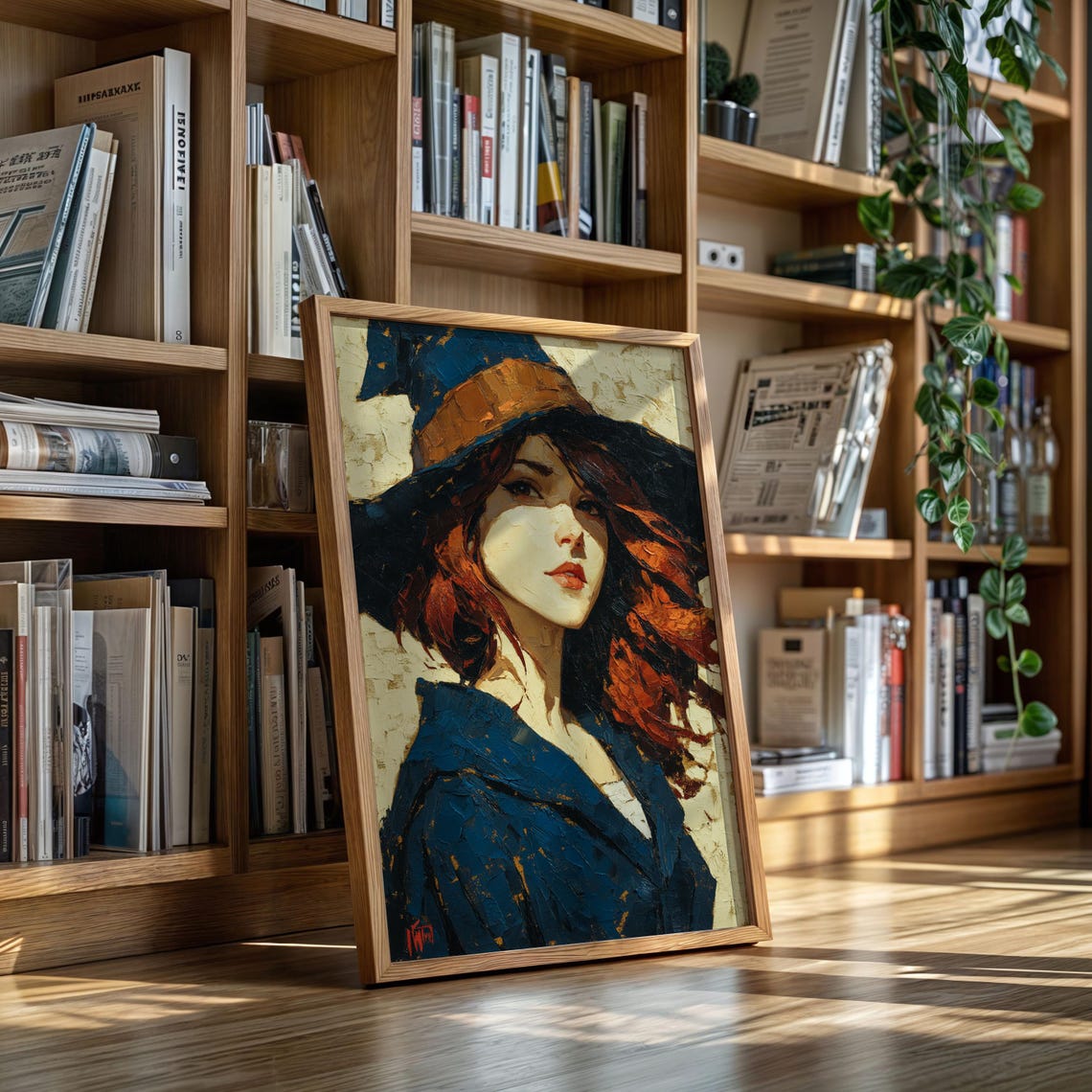 Witch In Navy And Orange Hat Bold Brushstroke Oil Painting Poster