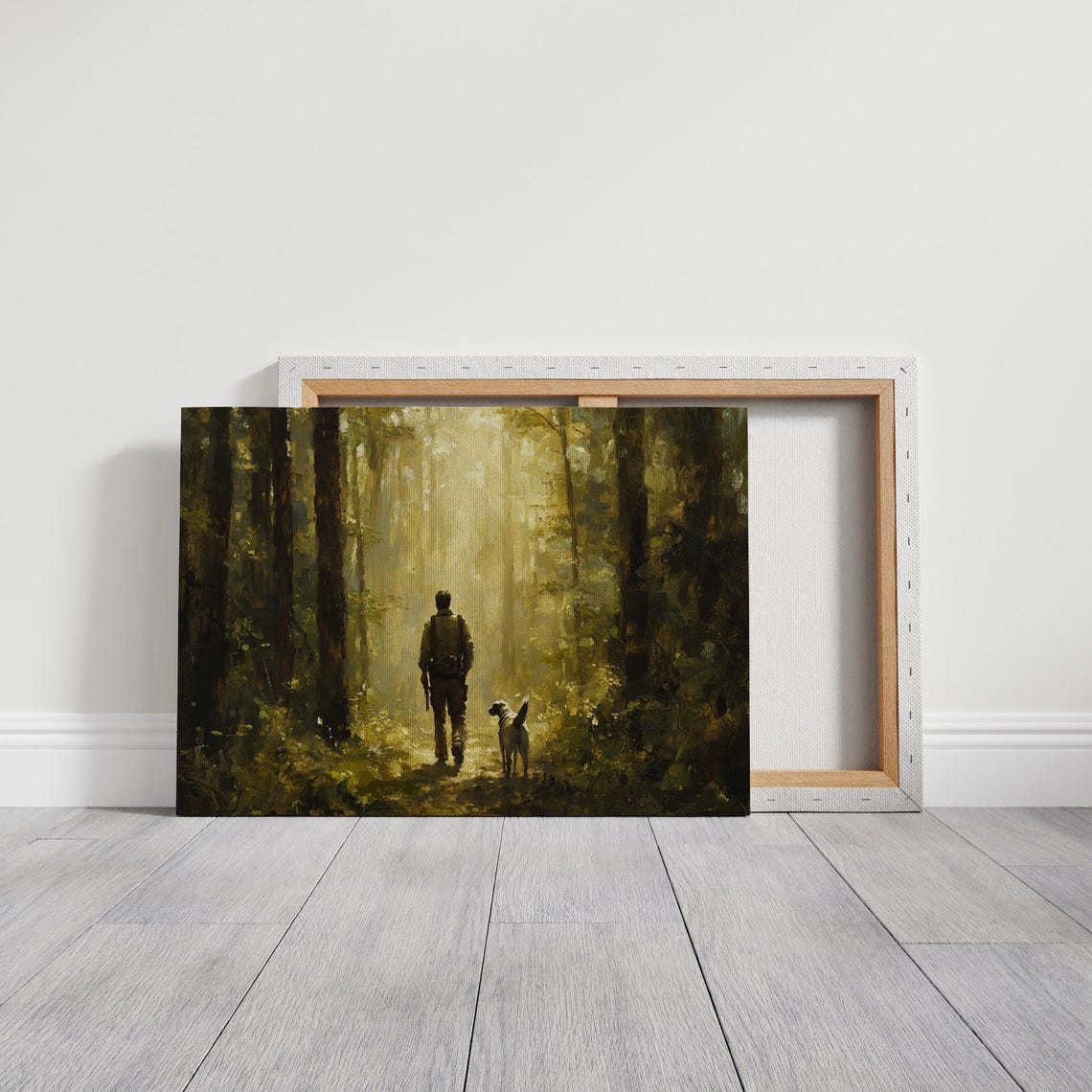 Man And Dog Walking Sunlit Forest Trail Adventure Painting Poster - Image 3