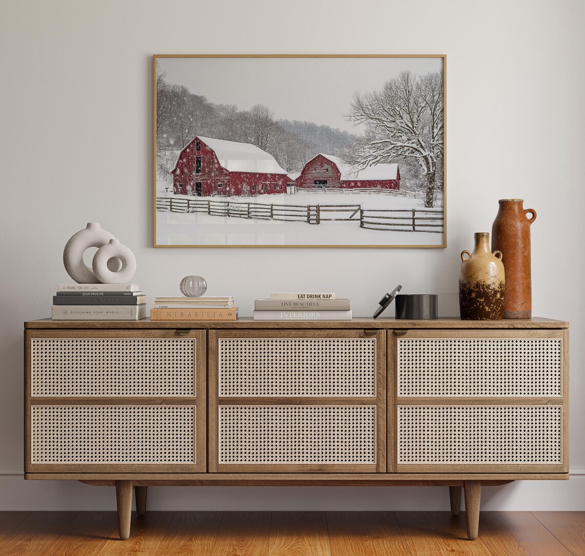 Red Barn In Snowfall Poster Winter Farm Scene Rustic Country Landscape Wall Decor