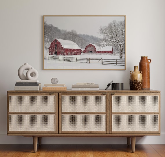 Red Barn In Snowfall Poster Winter Farm Scene Rustic Country Landscape Wall Decor