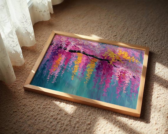 Impasto Blossom Branch Canvas Pink Purple Floral Wall Art Textured Flower Painting Print Spring Abstract Petals Colorful Home Decor