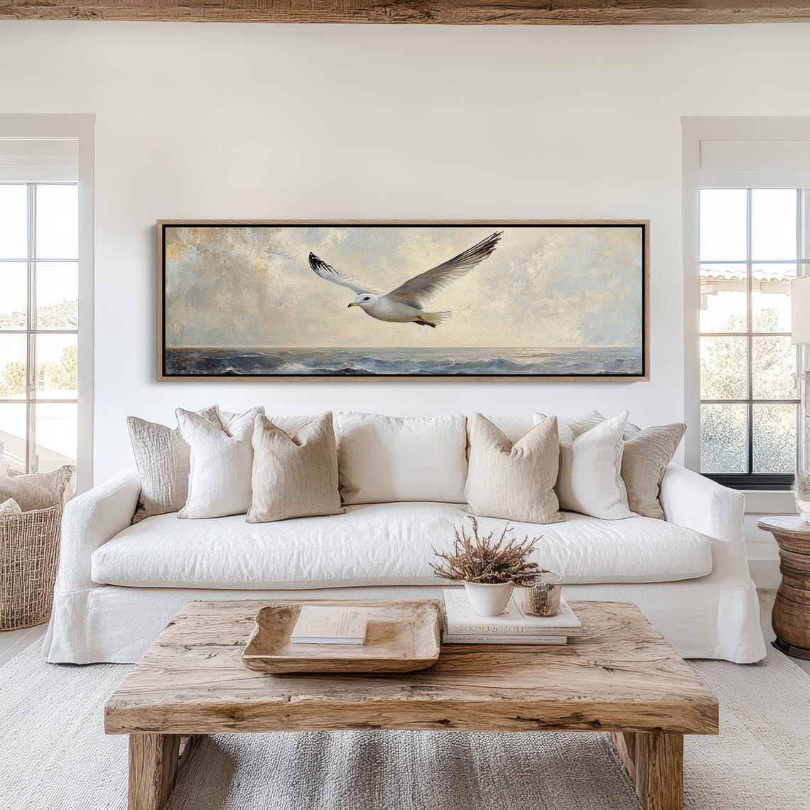 Seagull In Flight Over Ocean Coastal Bird Painting Tranquil Print - Image 4