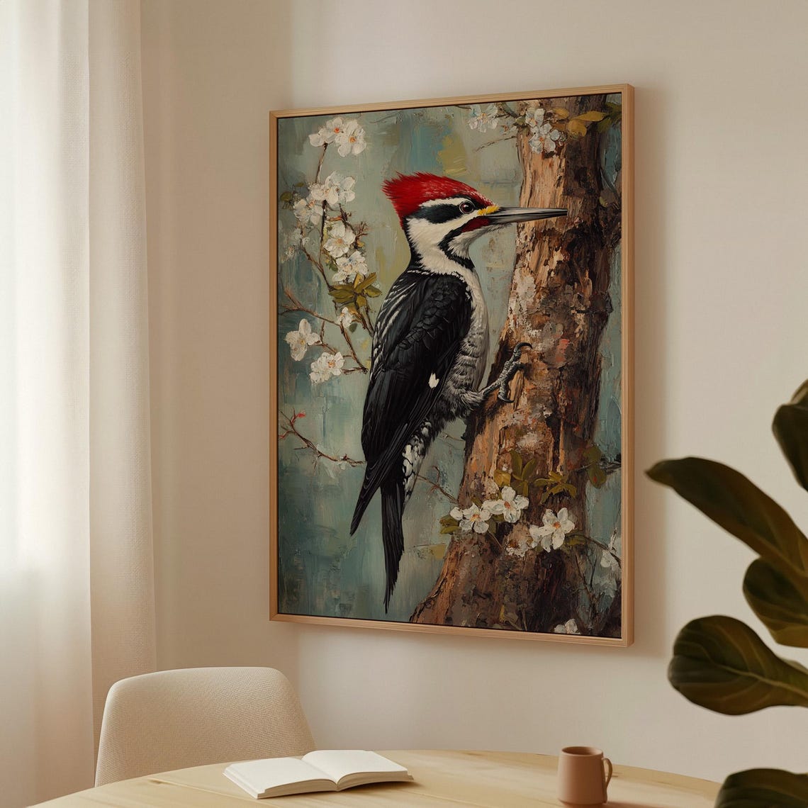 Red Crested Woodpecker On Tree Trunk With Spring Blossoms Poster - Image 3
