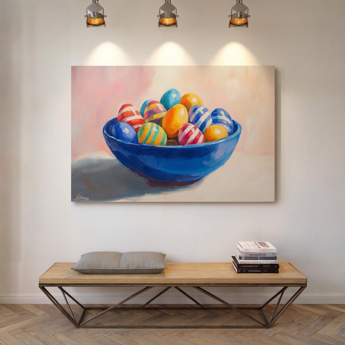 Colorful Easter Eggs in Blue Bowl Cheerful Spring Still Life Wall Art - Image 7