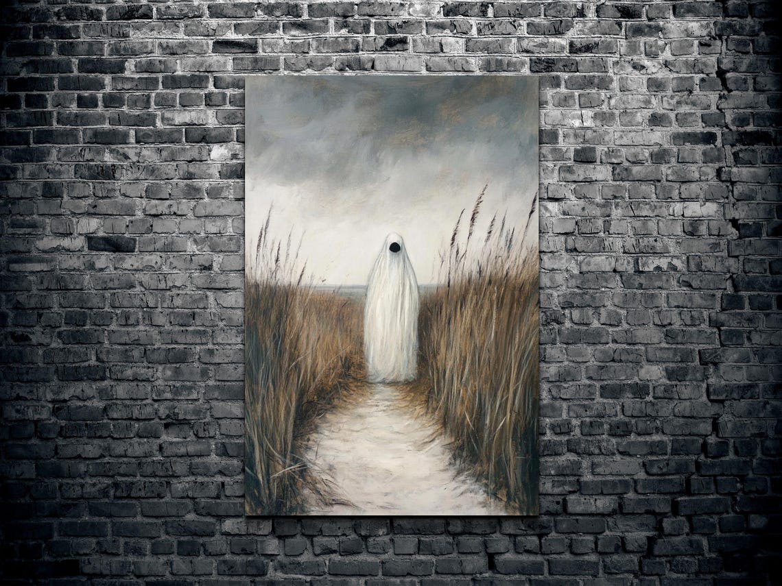 Sheet Ghost on a Sandy Path Through Tall Beach Grass at Dusk Poster - Image 2