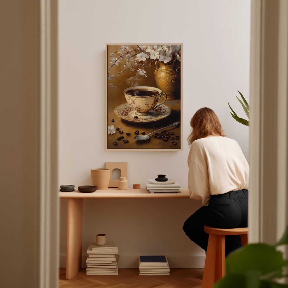 Vintage Floral Teacup Coffee Beans Golden Vase Still Life Poster - Image 6