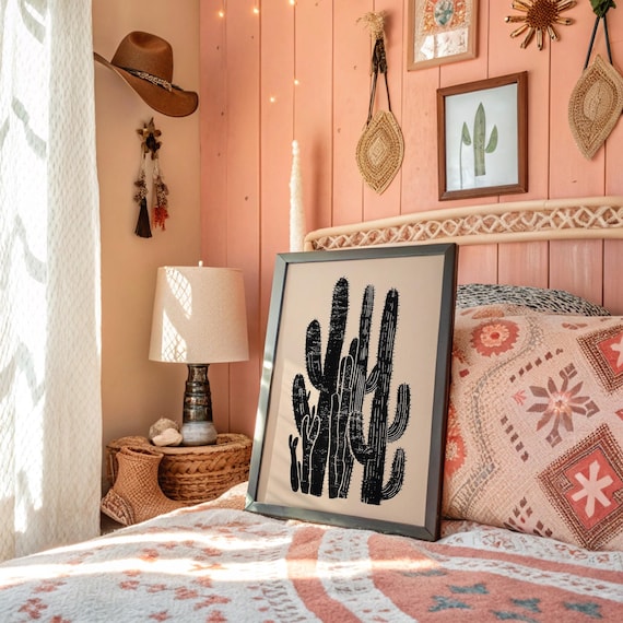 Minimal Black Ink Cactus Silhouette Beige Modern Line Art Poster