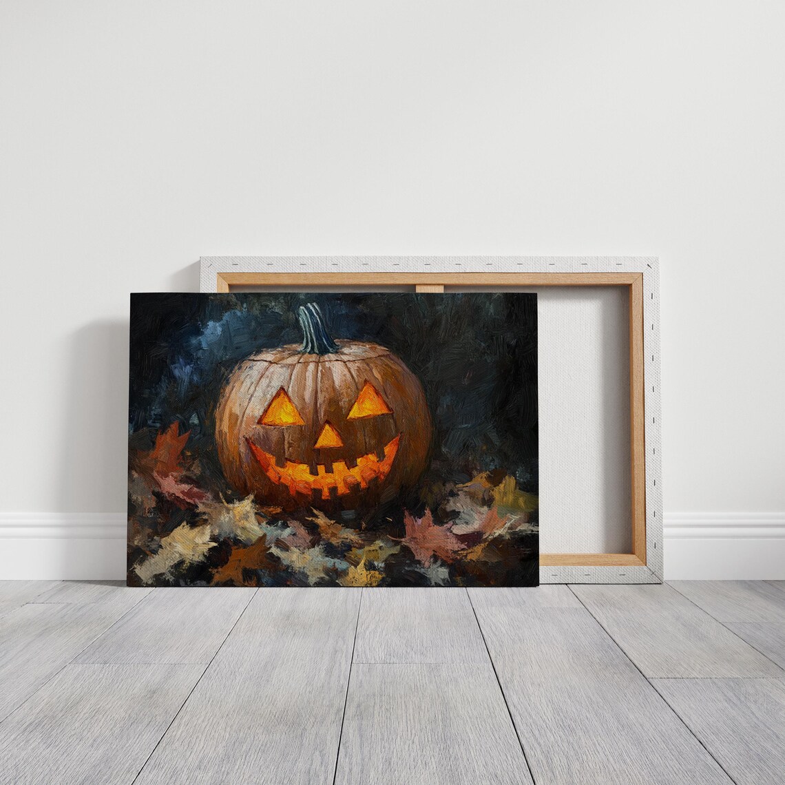 Glowing Jack O Lantern Among Autumn Leaves Dark Halloween Painting Poster - Image 3
