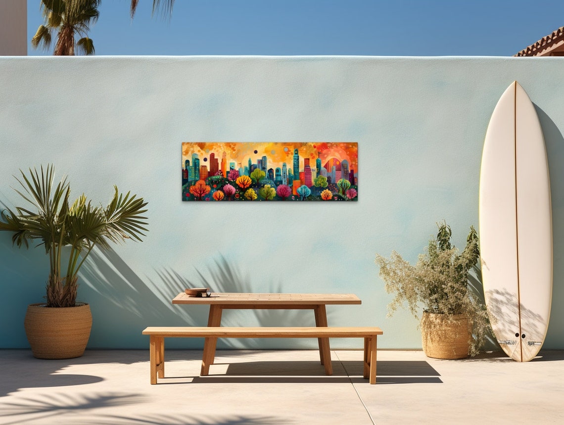Whimsical City Skyline Sunset Colorful Trees Urban Panoramic Wall Art - Image 4