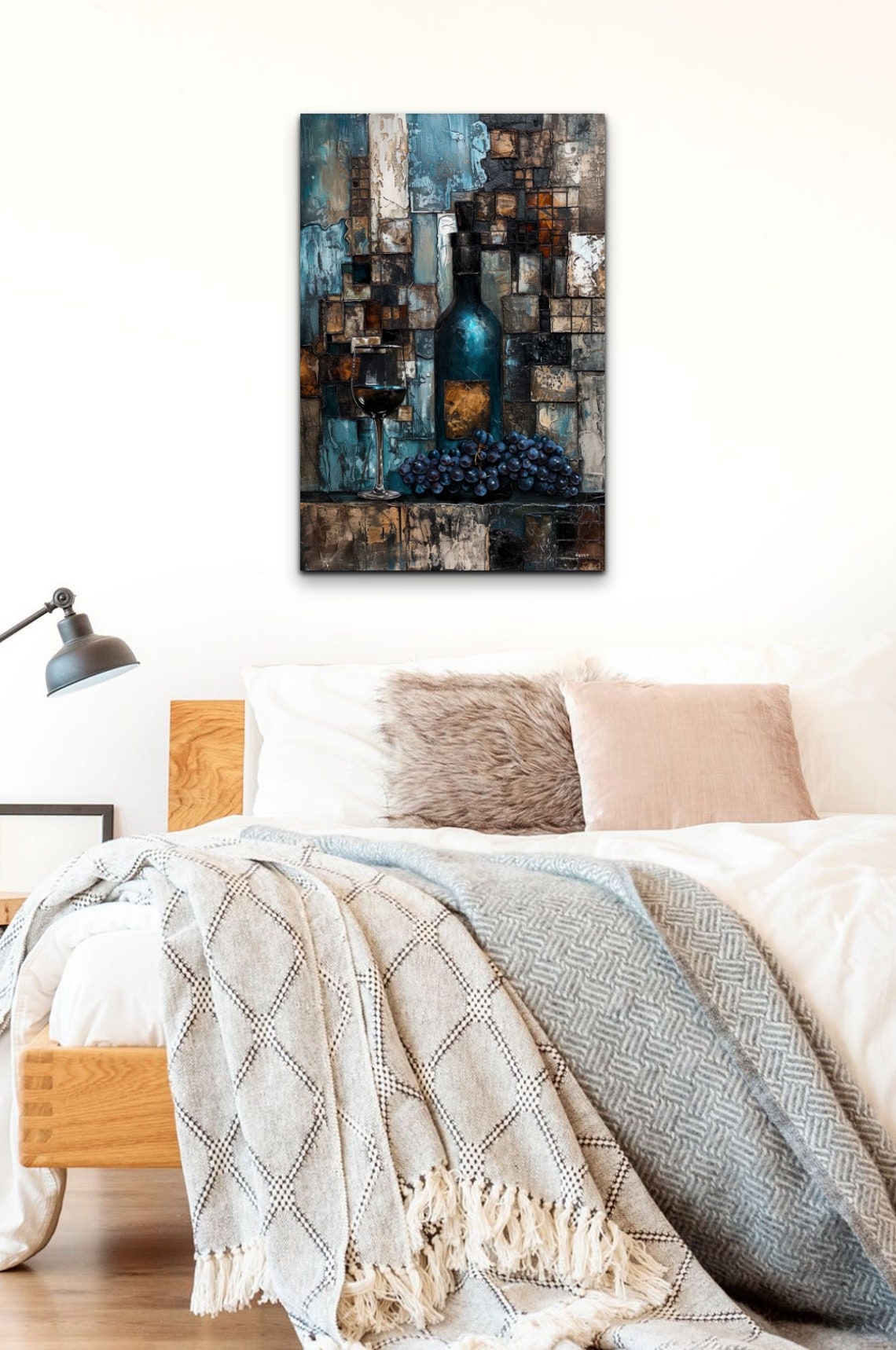 Blue Wine Bottle Glass Grapes Abstract Mosaic Still Life Poster - Image 5