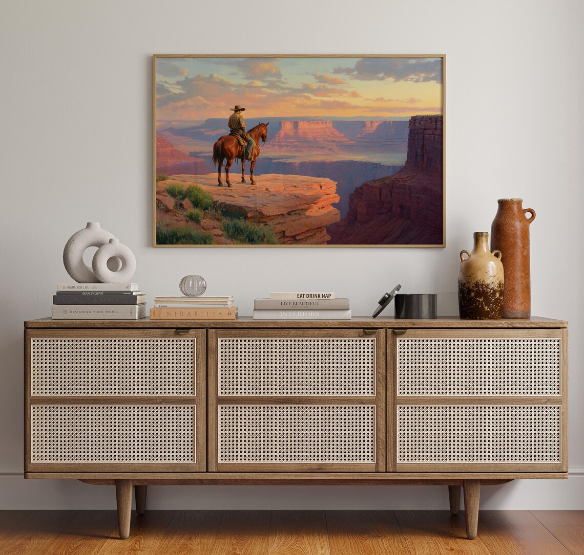 Cowboy On Horseback Canyon Overlook Sunset Glow Oil Painting Poster
