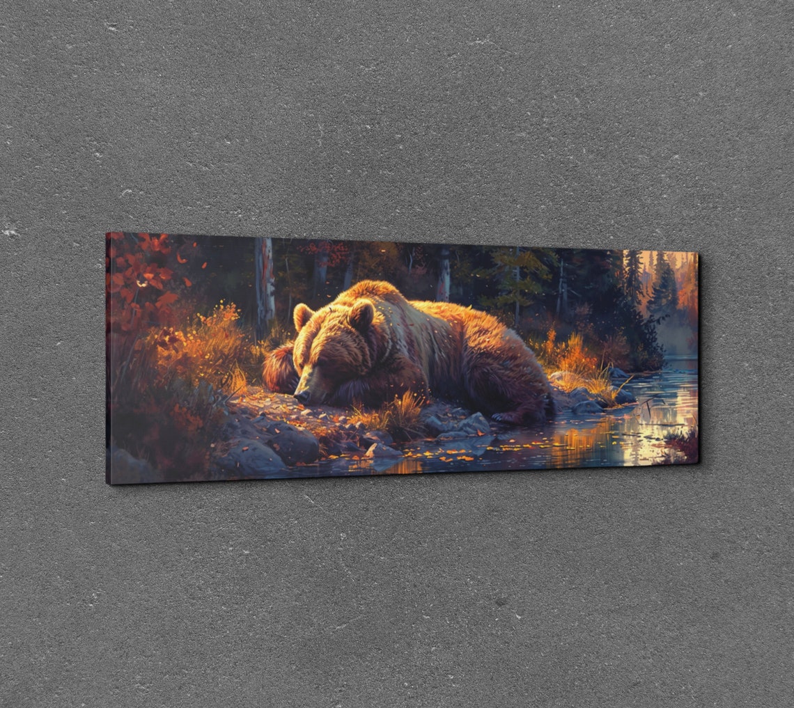 Sleeping Brown Bear by Autumn River in Golden Light Wall Art - Image 3