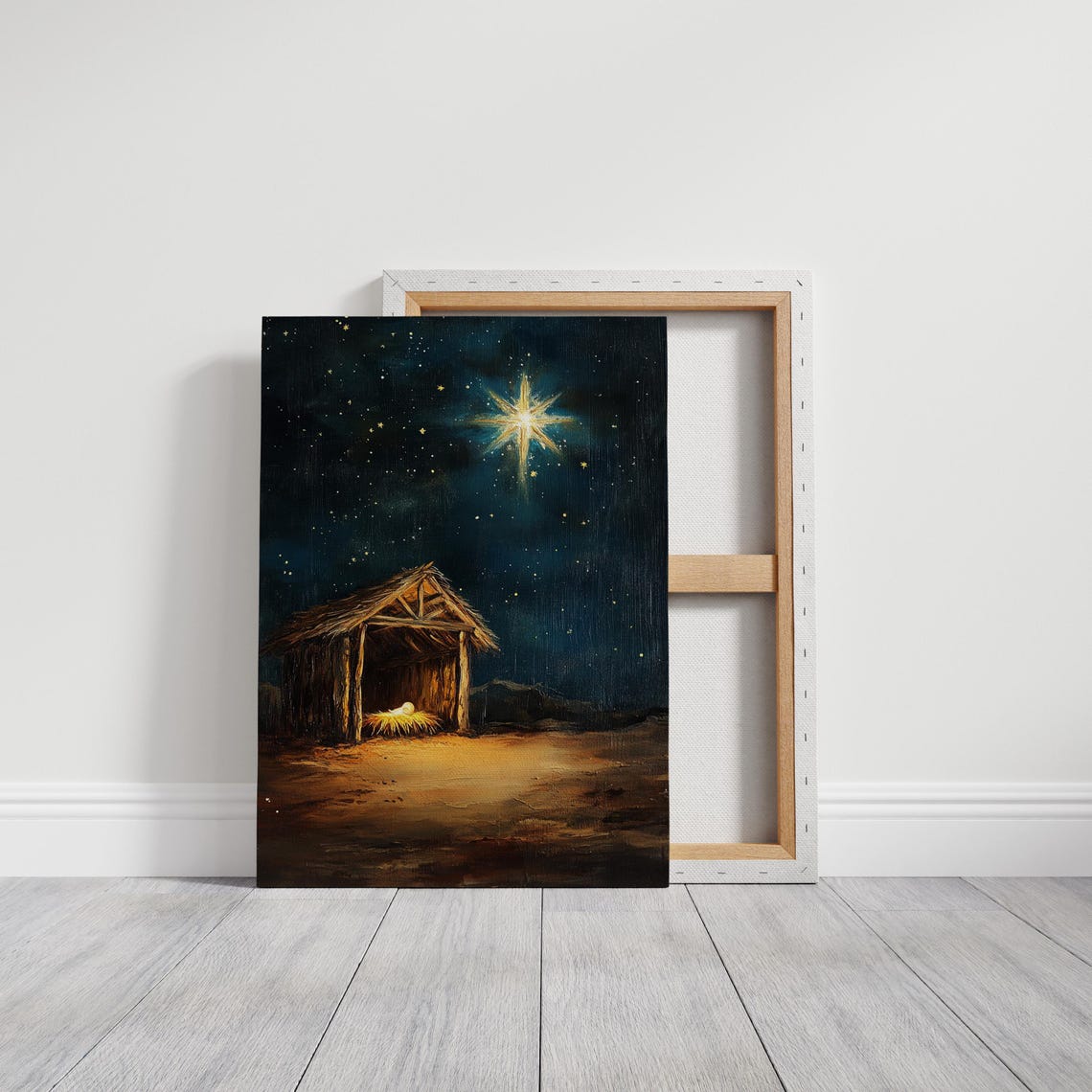 Baby Jesus In Manger At Nativity Stable Under Bright Star Night Poster - Image 3